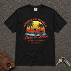 american muscle born to drive graphic tee — black vintage muscle car sunset comfort colors shirt