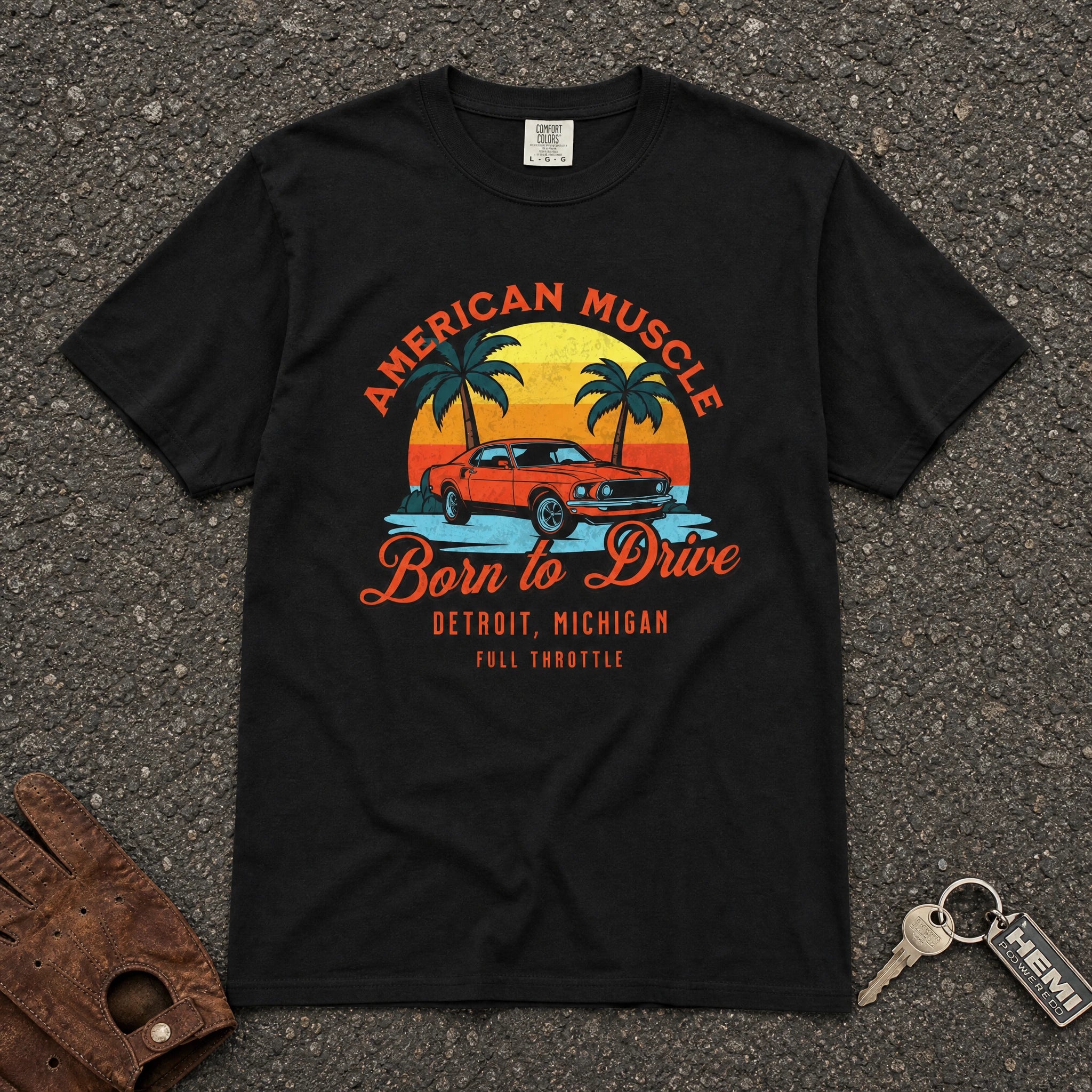 american muscle born to drive graphic tee — black vintage muscle car sunset comfort colors shirt
