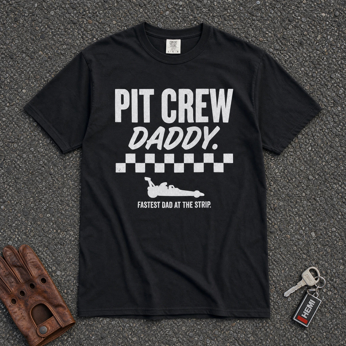 pit crew daddy checkered flag tee — black vintage racing car graphic comfort colors shirt