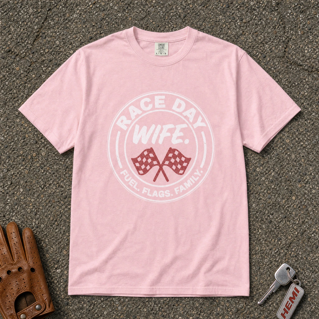 blossom race day wife comfort colors tee — vintage checkered flags racing wife graphic shirt