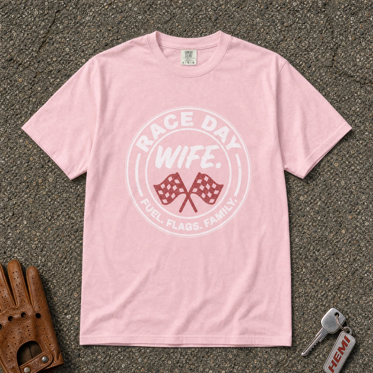 blossom race day wife comfort colors tee — vintage checkered flags racing wife graphic shirt