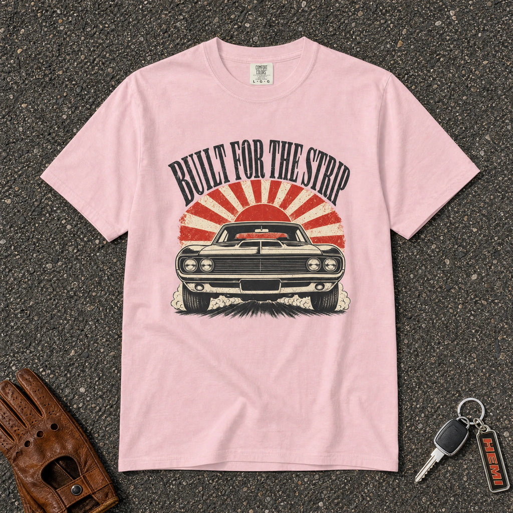blossom built for the strip hot rod graphic tee — retro sunburst muscle car comfort colors shirt