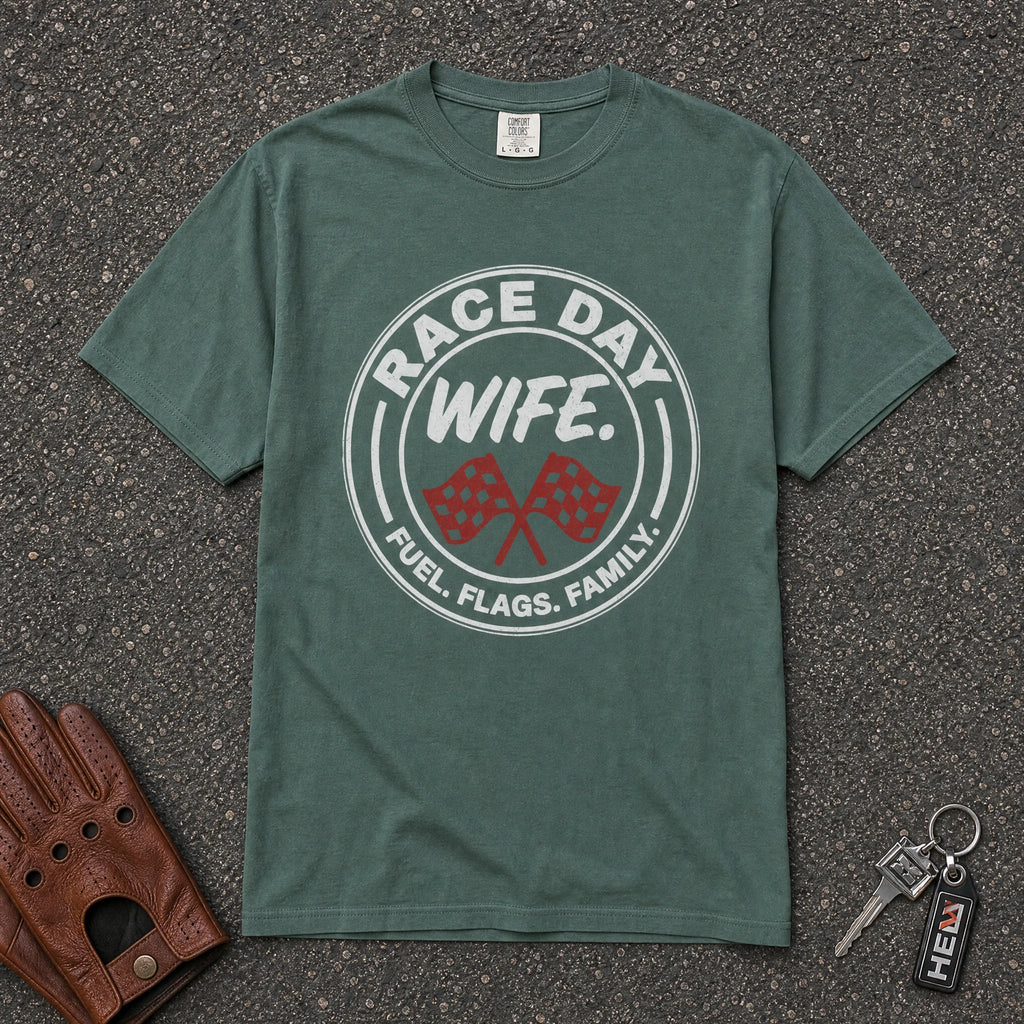 blue spruce race day wife flags tshirt — motorsport graphic tee comfort colors racing wife
