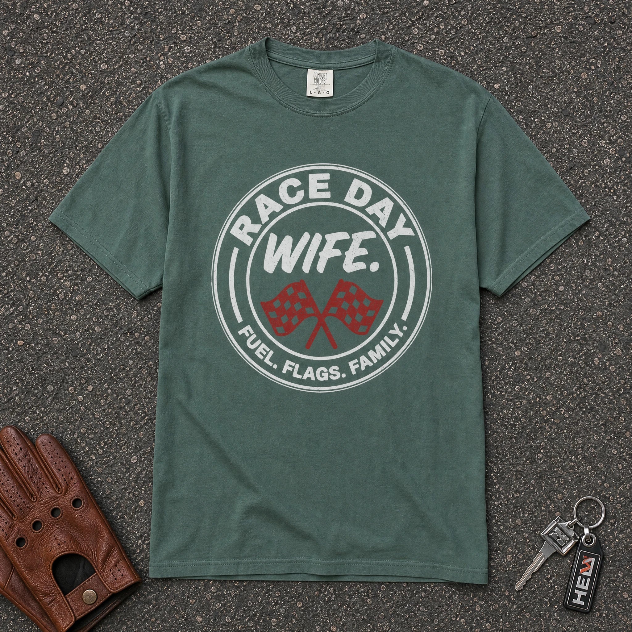 blue spruce race day wife flags tshirt — motorsport graphic tee comfort colors racing wife