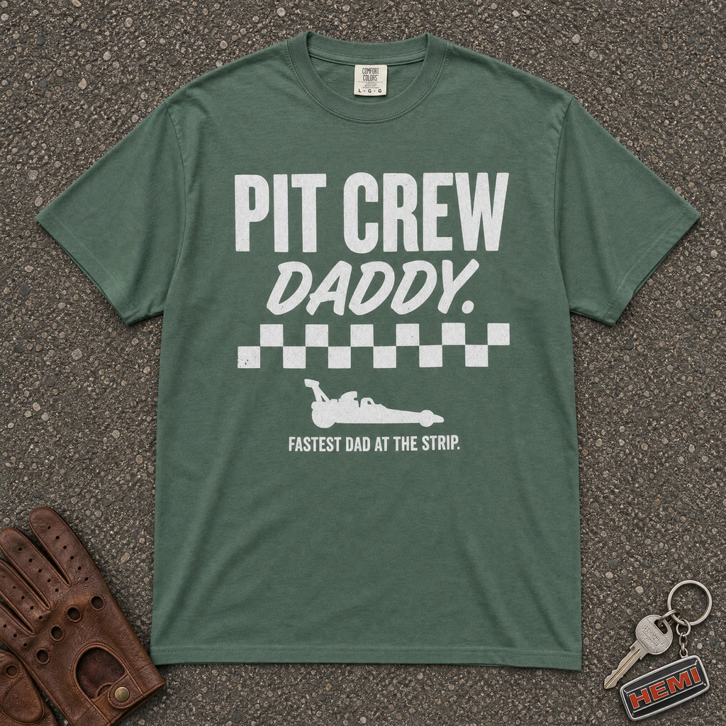 blue spruce pit crew daddy comfort colors tee — checker stripe racing car graphic shirt