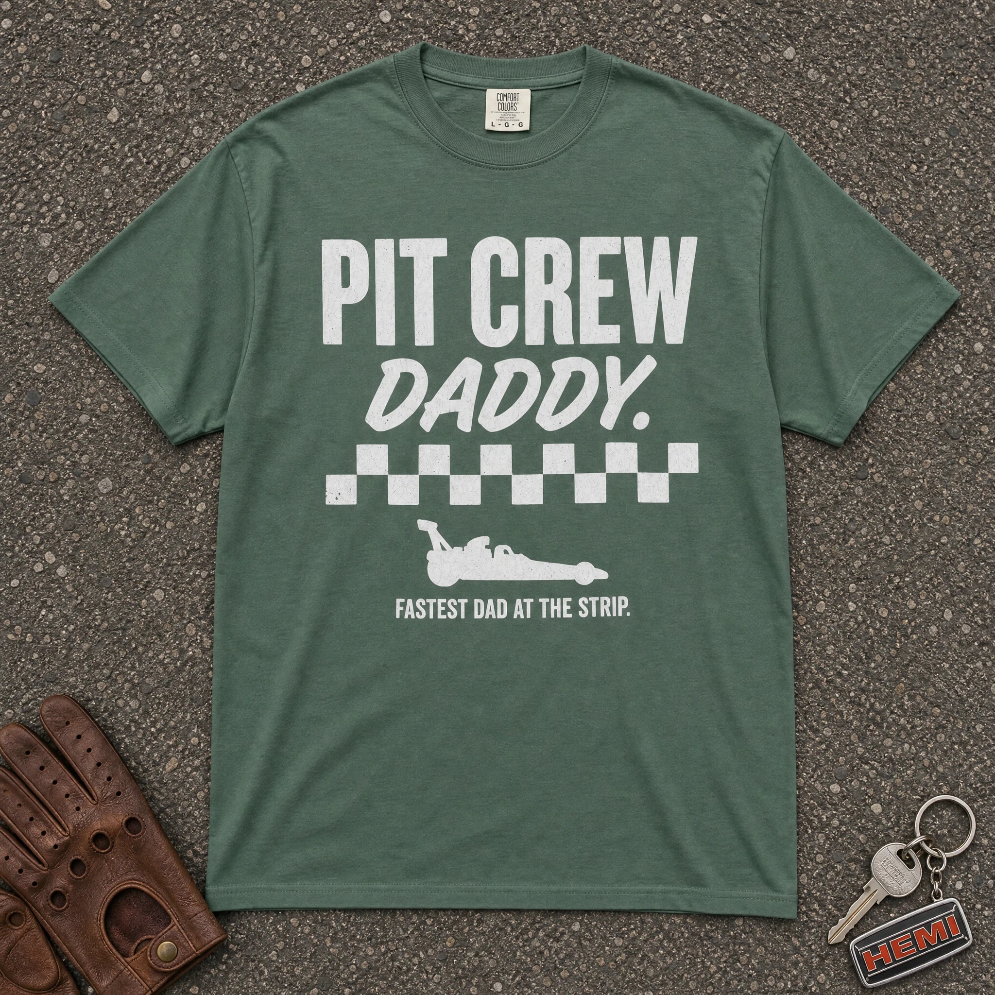 blue spruce pit crew daddy comfort colors tee — checker stripe racing car graphic shirt