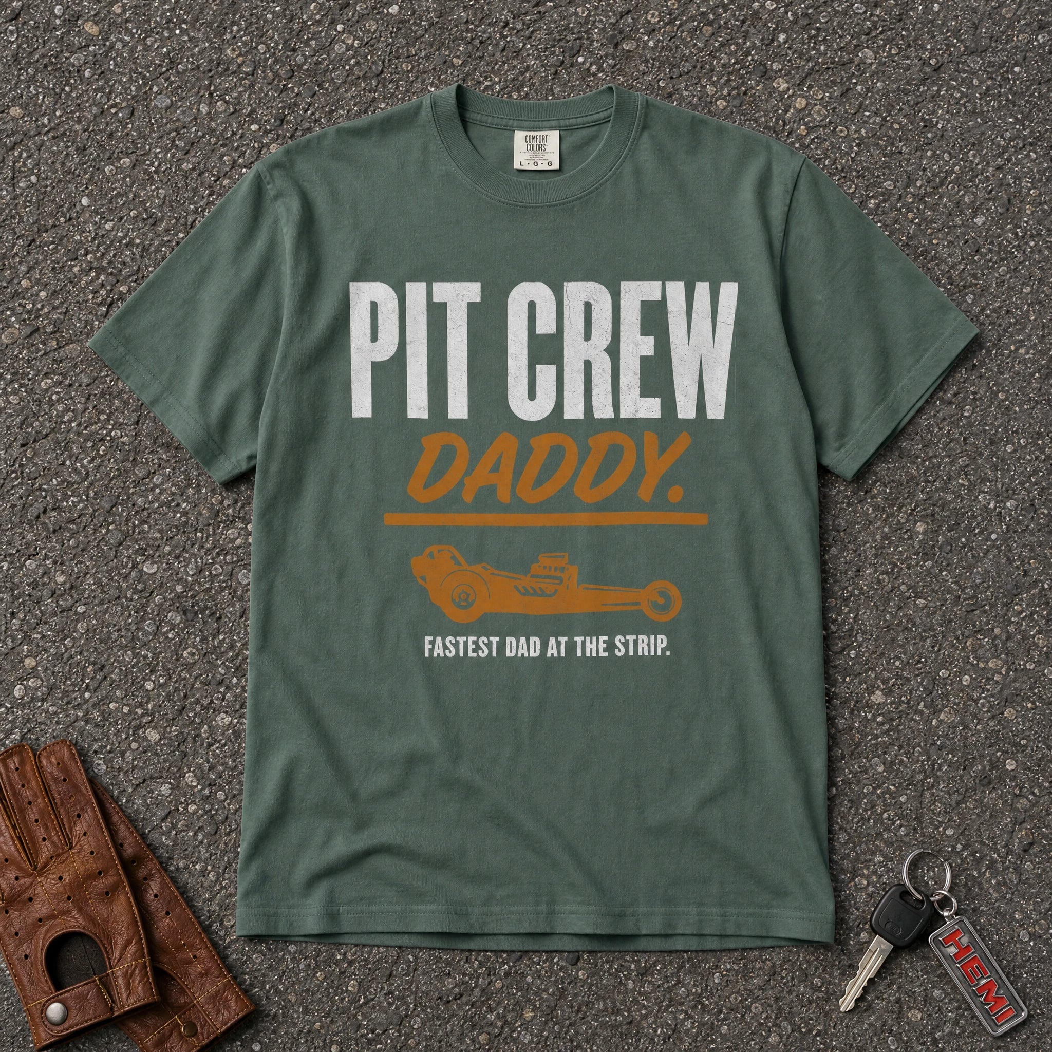 blue spruce pit crew daddy graphic tee — drag racing dad comfort colors vintage shirt