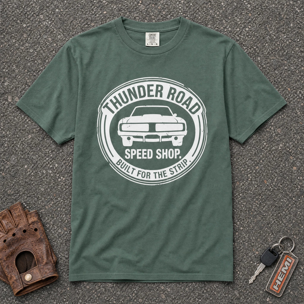 blue spruce thunder road speed shop logo comfort colors tee - vintage car shirt