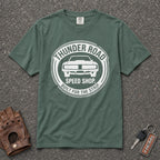 blue spruce thunder road speed shop logo comfort colors tee - vintage car shirt