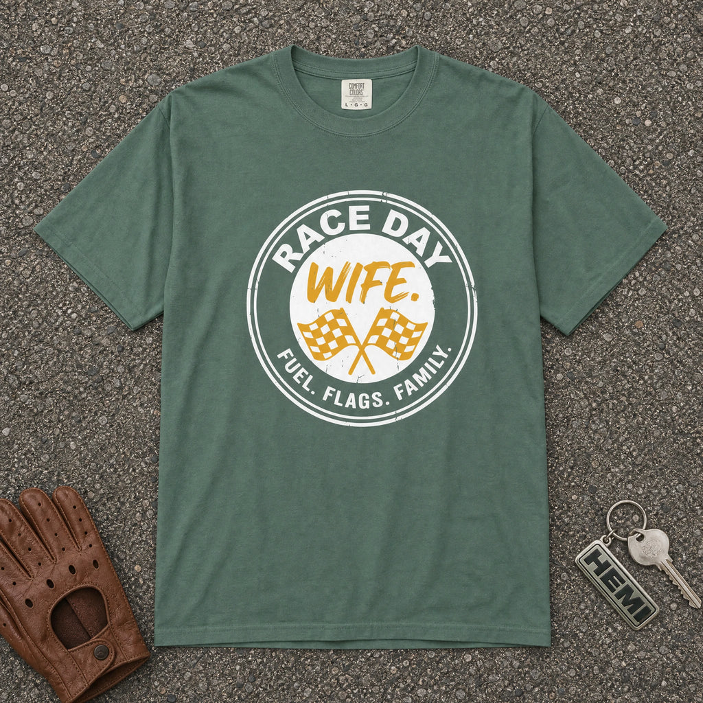 blue spruce race day wife graphic tee — vintage circle flags motorsport comfort colors shirt