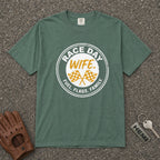 blue spruce race day wife graphic tee — vintage circle flags motorsport comfort colors shirt