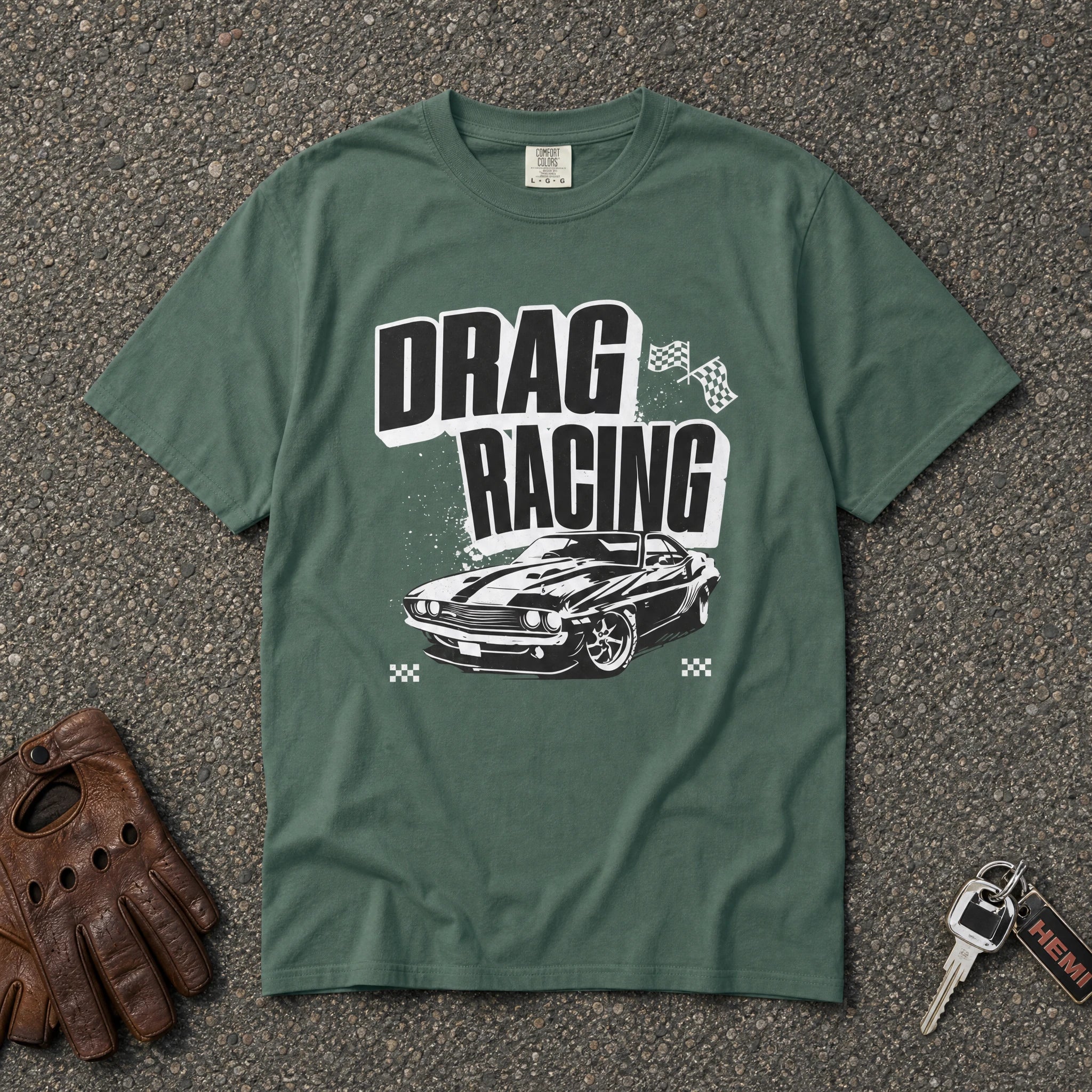 blue spruce drag racing vintage muscle car comfort colors tee — classic race graphic shirt