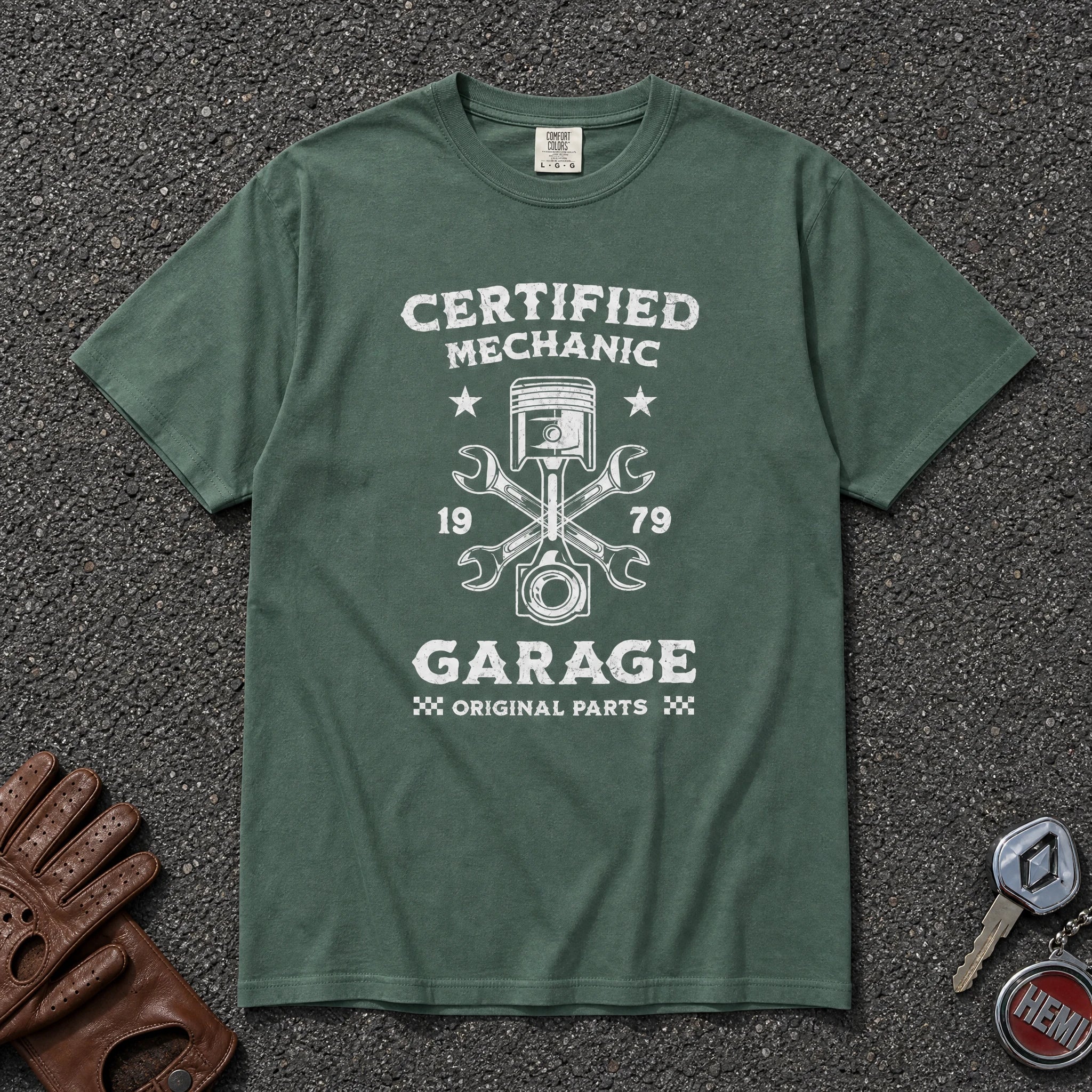 blue spruce certified mechanic tee — vintage piston wrench auto shop graphic comfort colors shirt