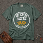 blue spruce pit crew racing graphic tee on hanger — vintage badge design comfort colors shirt