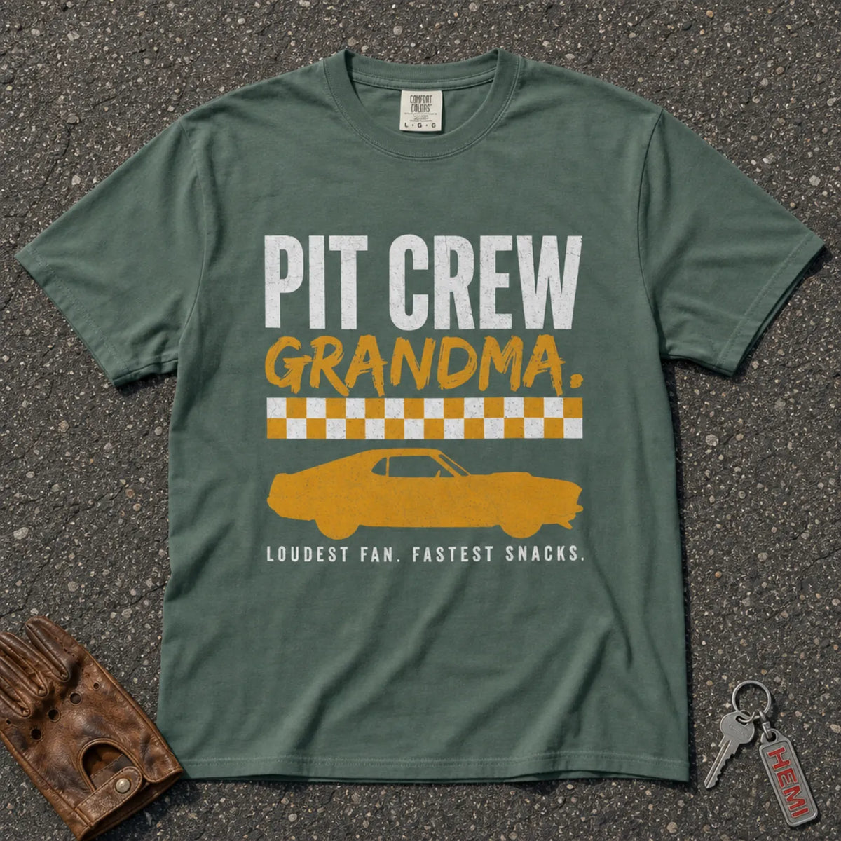 blue spruce pit crew grandma graphic tee — checkered stripe racing car comfort colors shirt