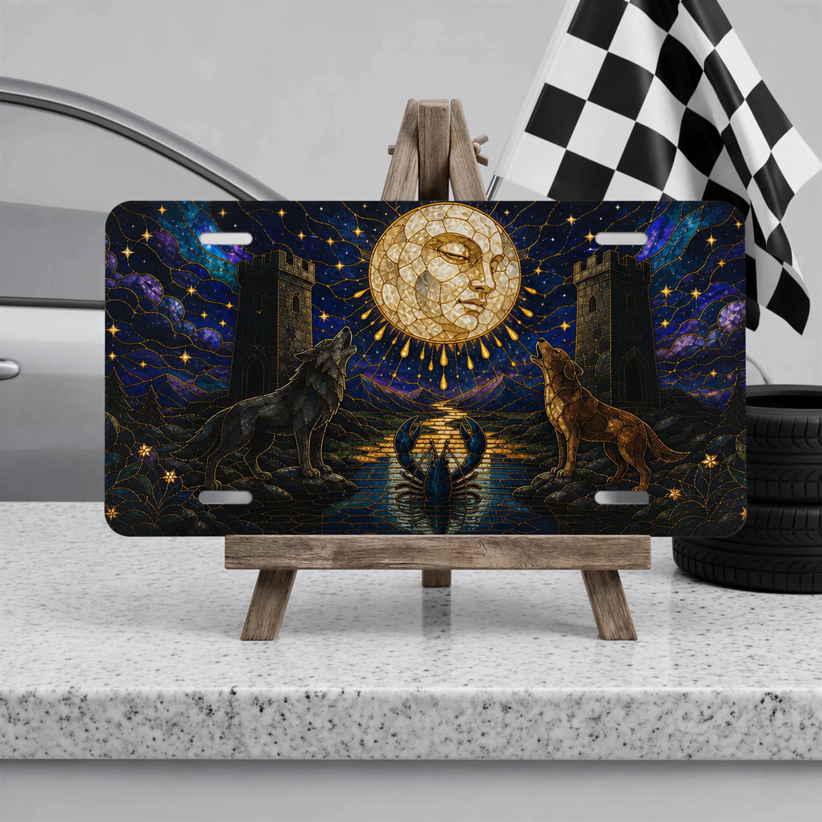 Celestial Moon Wolves Vanity Plate - Road Muse