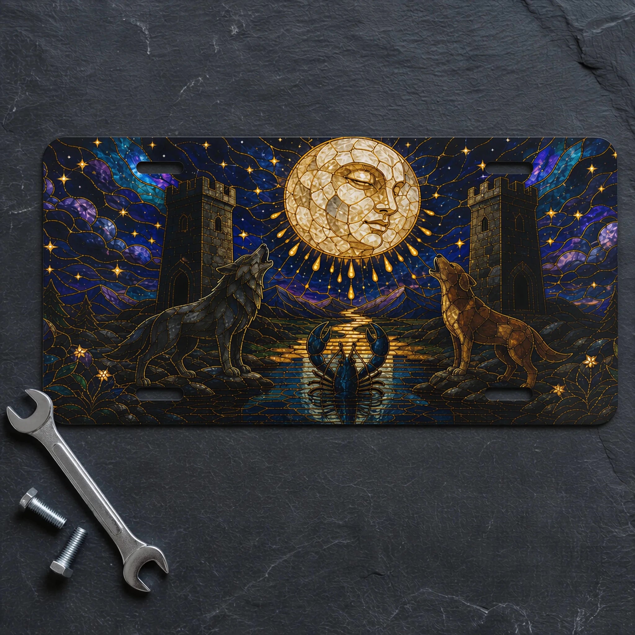Celestial Moon Wolves Vanity Plate - Road Muse