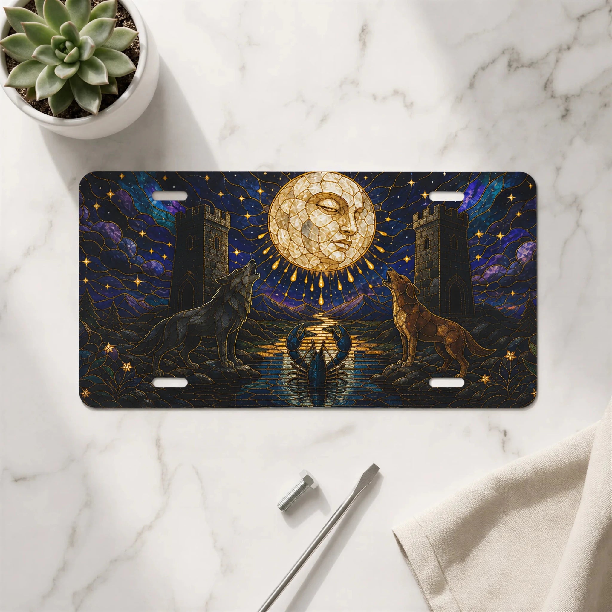 Celestial Moon Wolves Vanity Plate - Road Muse