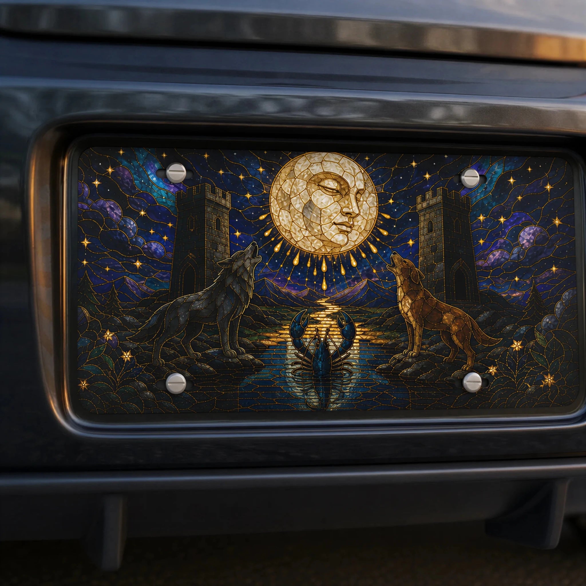 Celestial Moon Wolves Vanity Plate - Road Muse