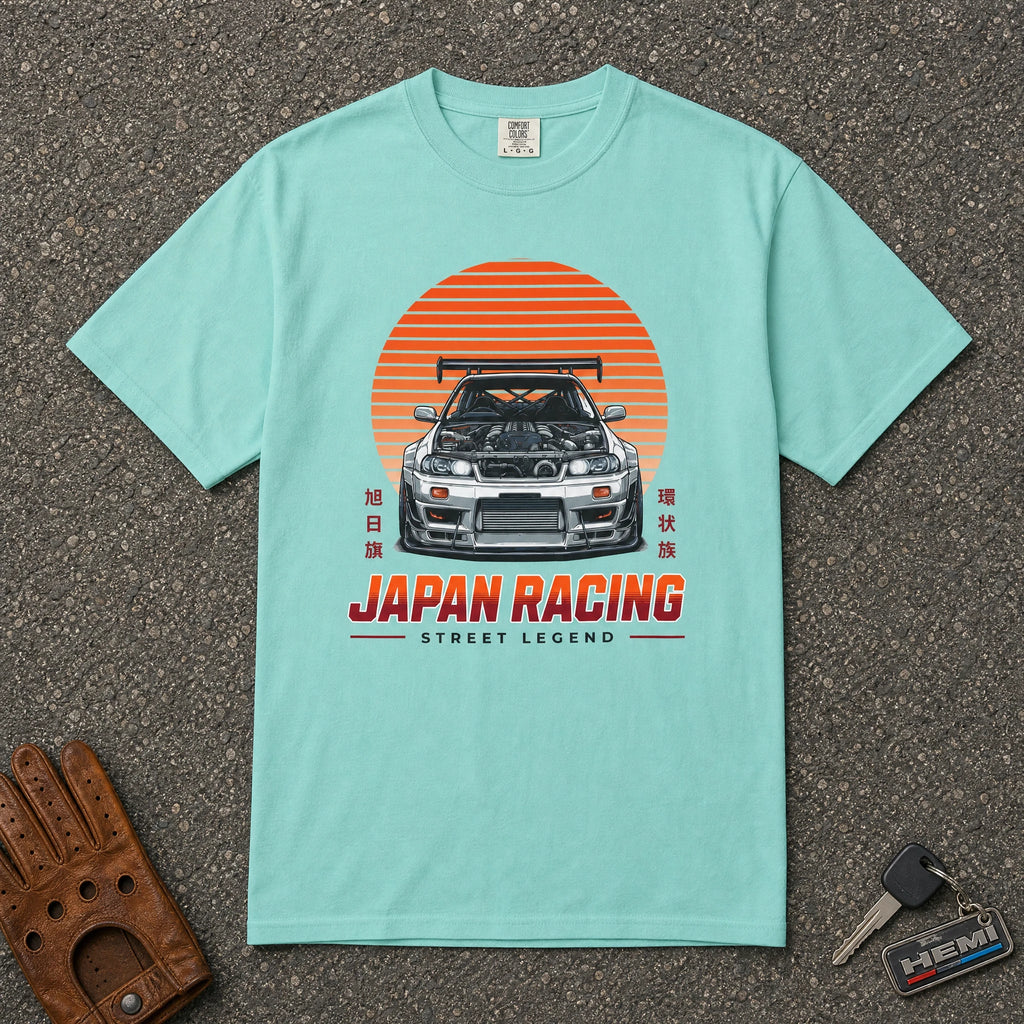 chalky mint japan racing skyline graphic tee — retro jdm sun stripe comfort colors shirt