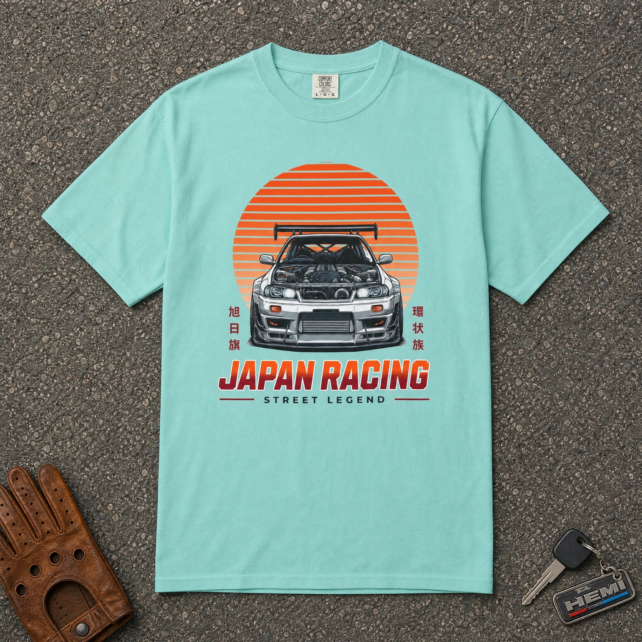chalky mint japan racing skyline graphic tee — retro jdm sun stripe comfort colors shirt