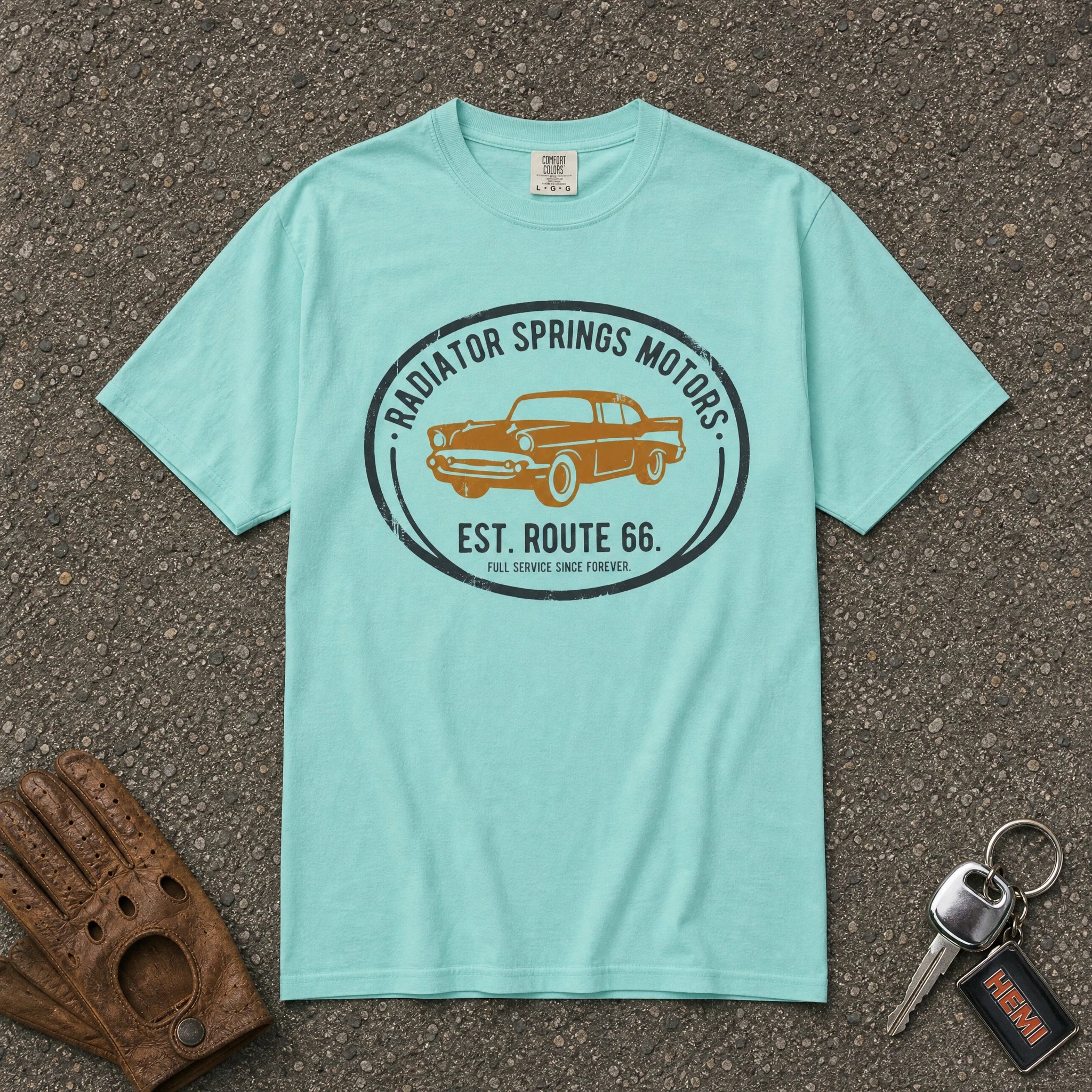 chalky mint radiator springs route 66 tshirt - vintage motor club comfort colors tee
