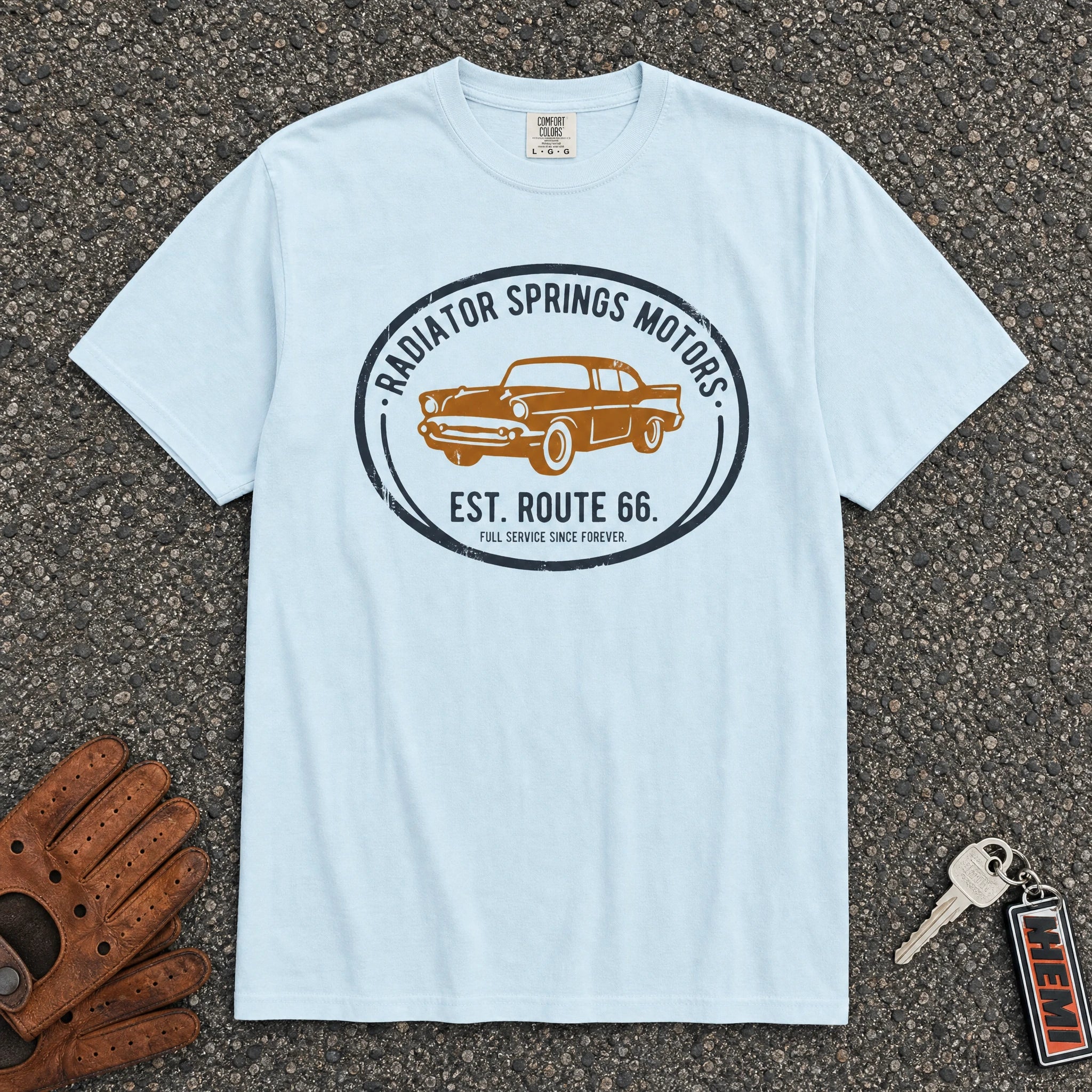 chambray radiator springs motors route 66 comfort colors tee - vintage road trip shirt