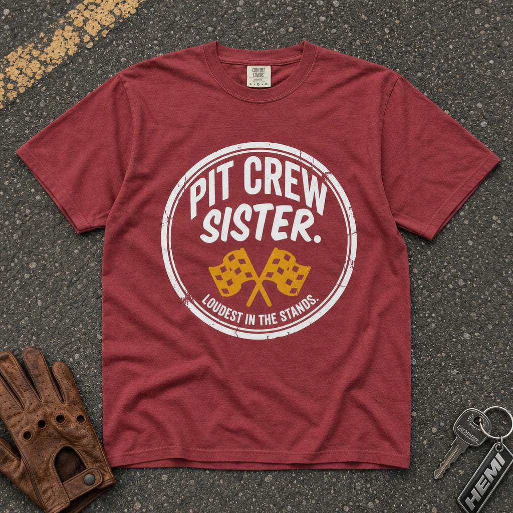 chili red pit crew sister comfort colors tshirt — motorsport race day graphic tee
