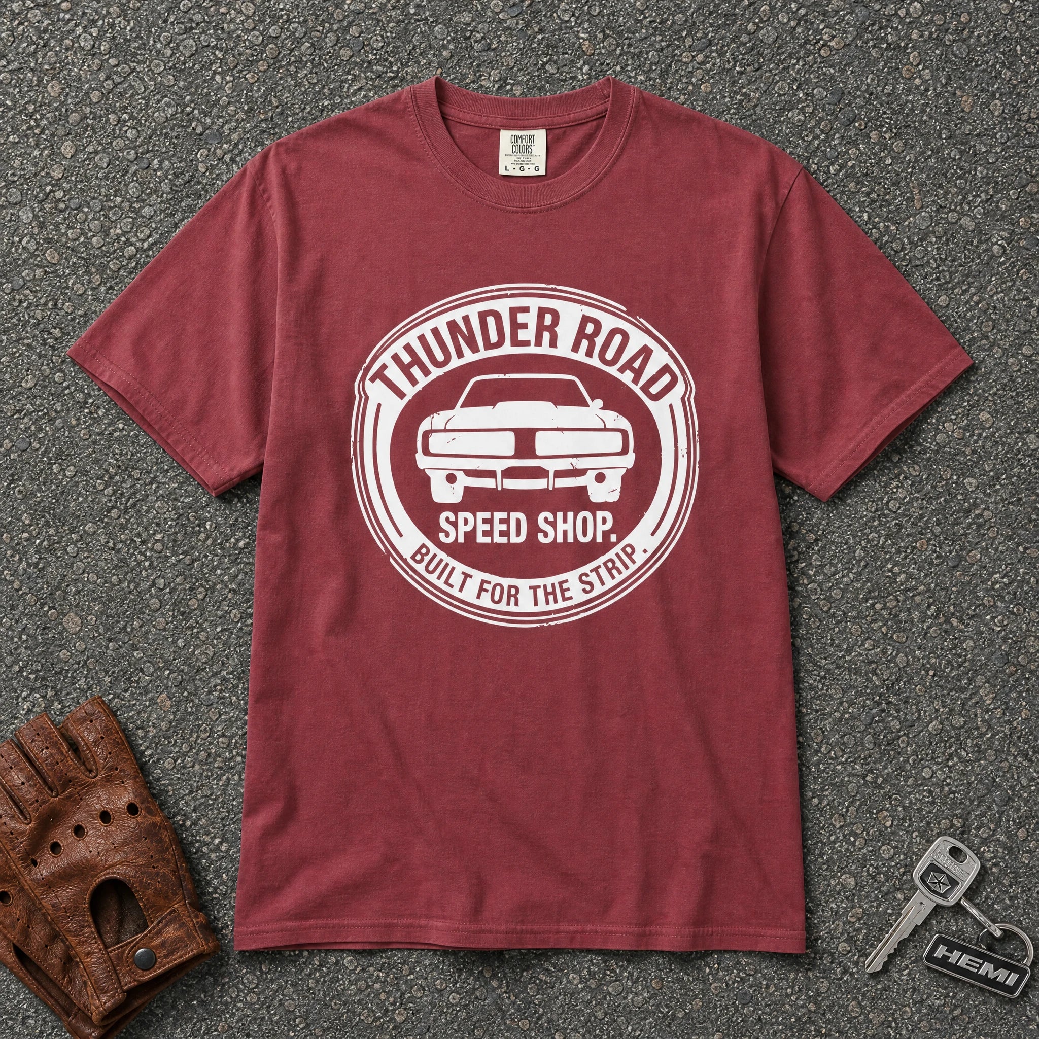 chili thunder road speed shop graphic tshirt - vintage muscle car logo comfort colors tee