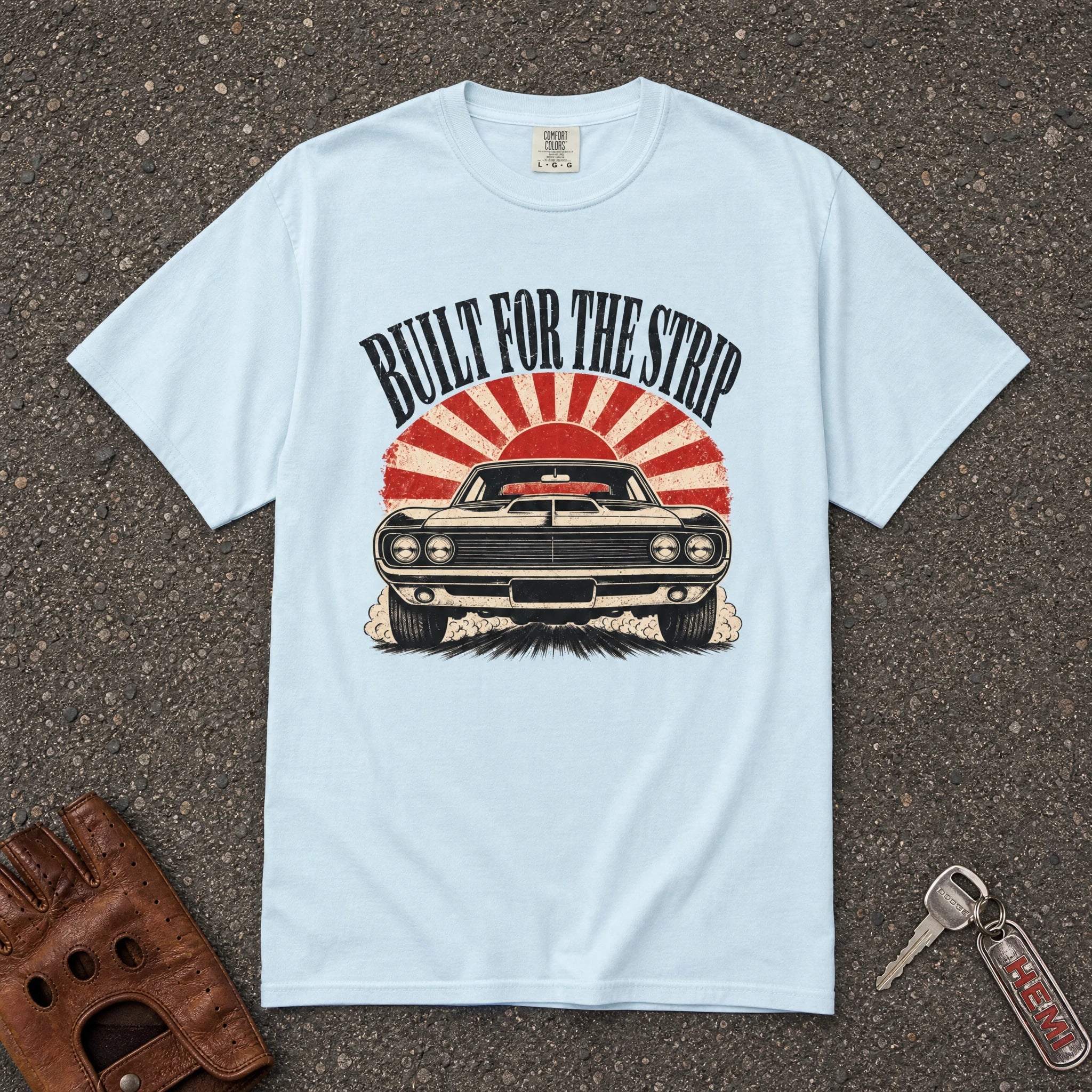 chambray built for the strip vintage muscle car tshirt — sunburst hot rod comfort colors tee