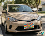 retro rainbow license plate on chocolate car — vivid colorful front vanity plate