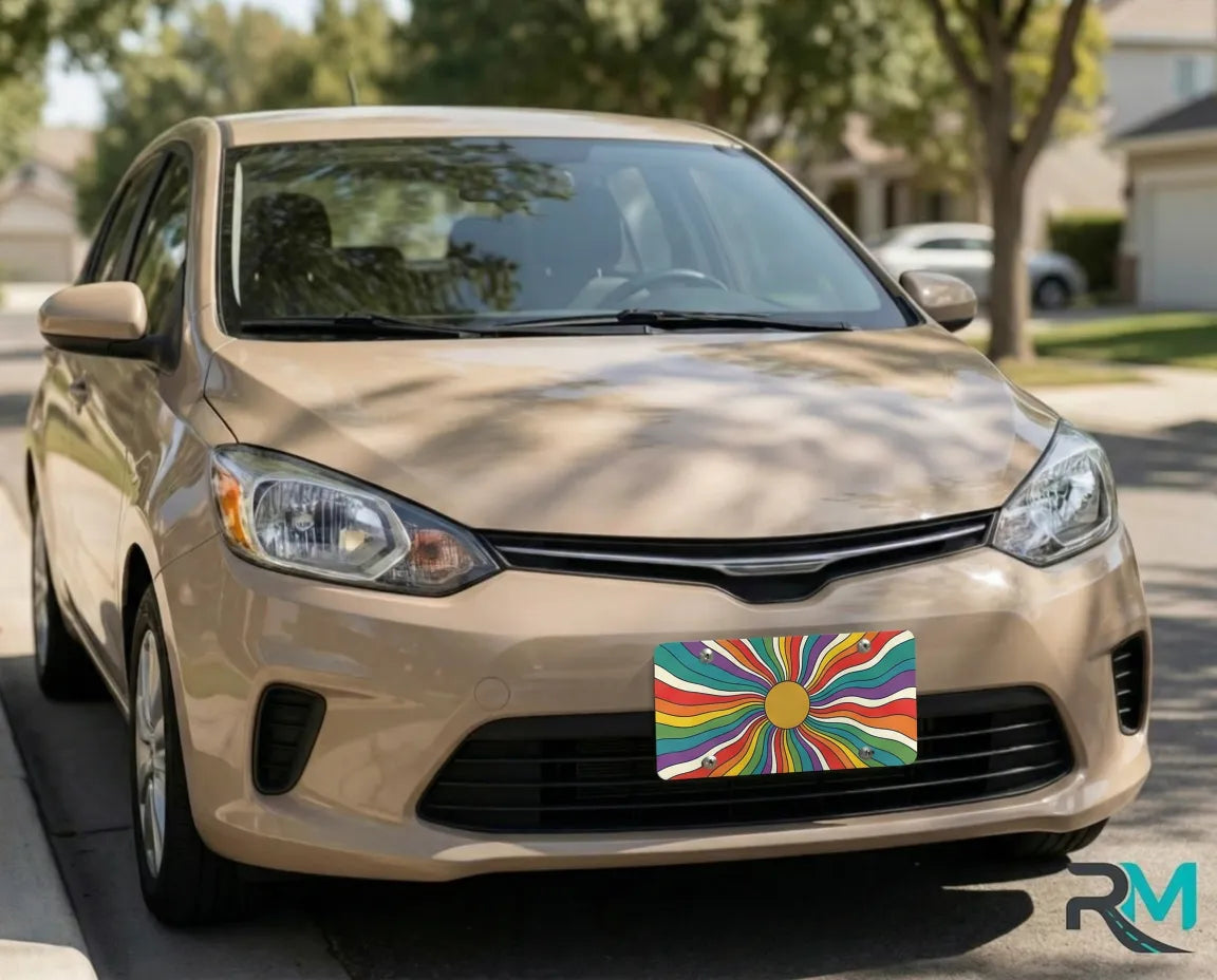 retro rainbow license plate on chocolate car — vivid colorful front vanity plate