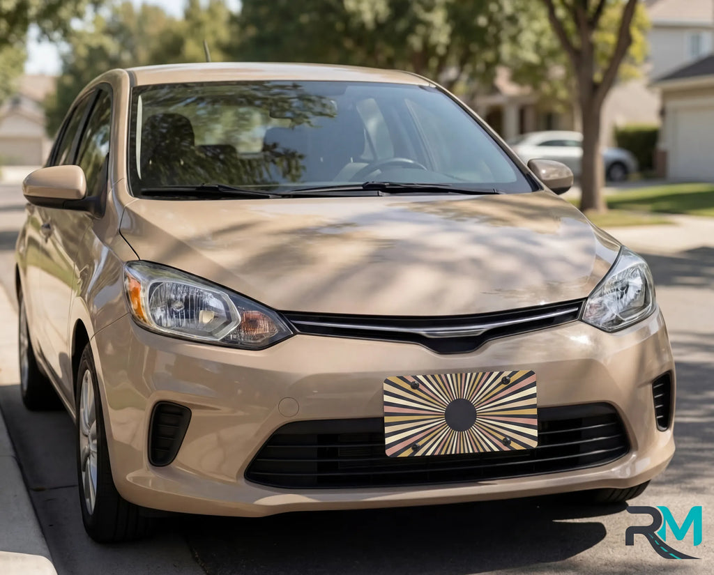 retro sunburst license plate on chocolate car — mid-century striped front vanity plate