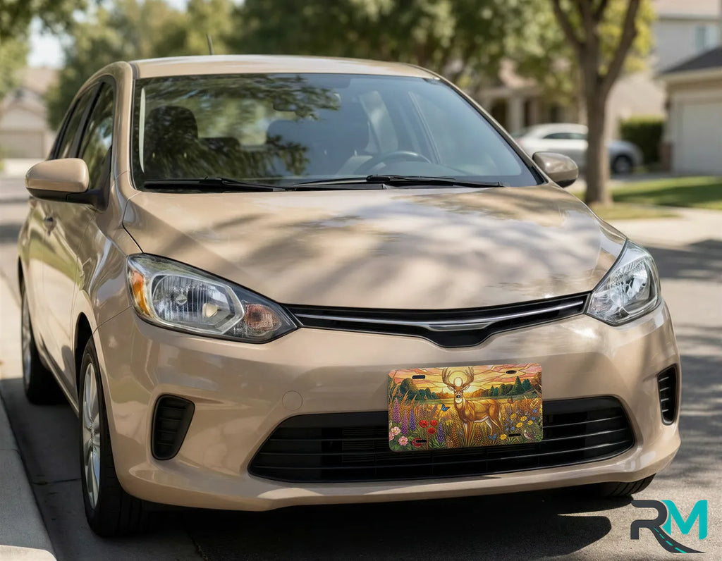 deer meadow vanity plate on chocolate car — golden buck wildflower front license plate