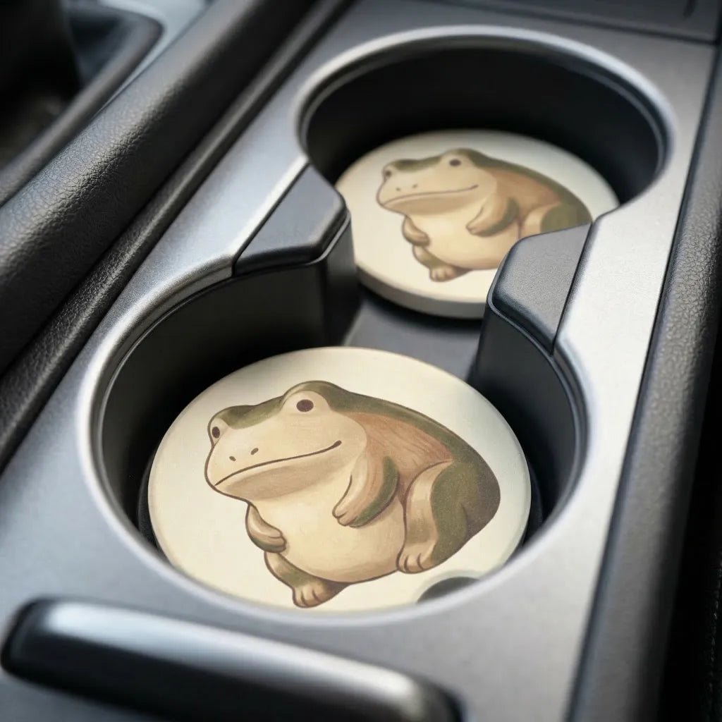 Chubby Frog Illustration Car Coasters Set - Road Muse