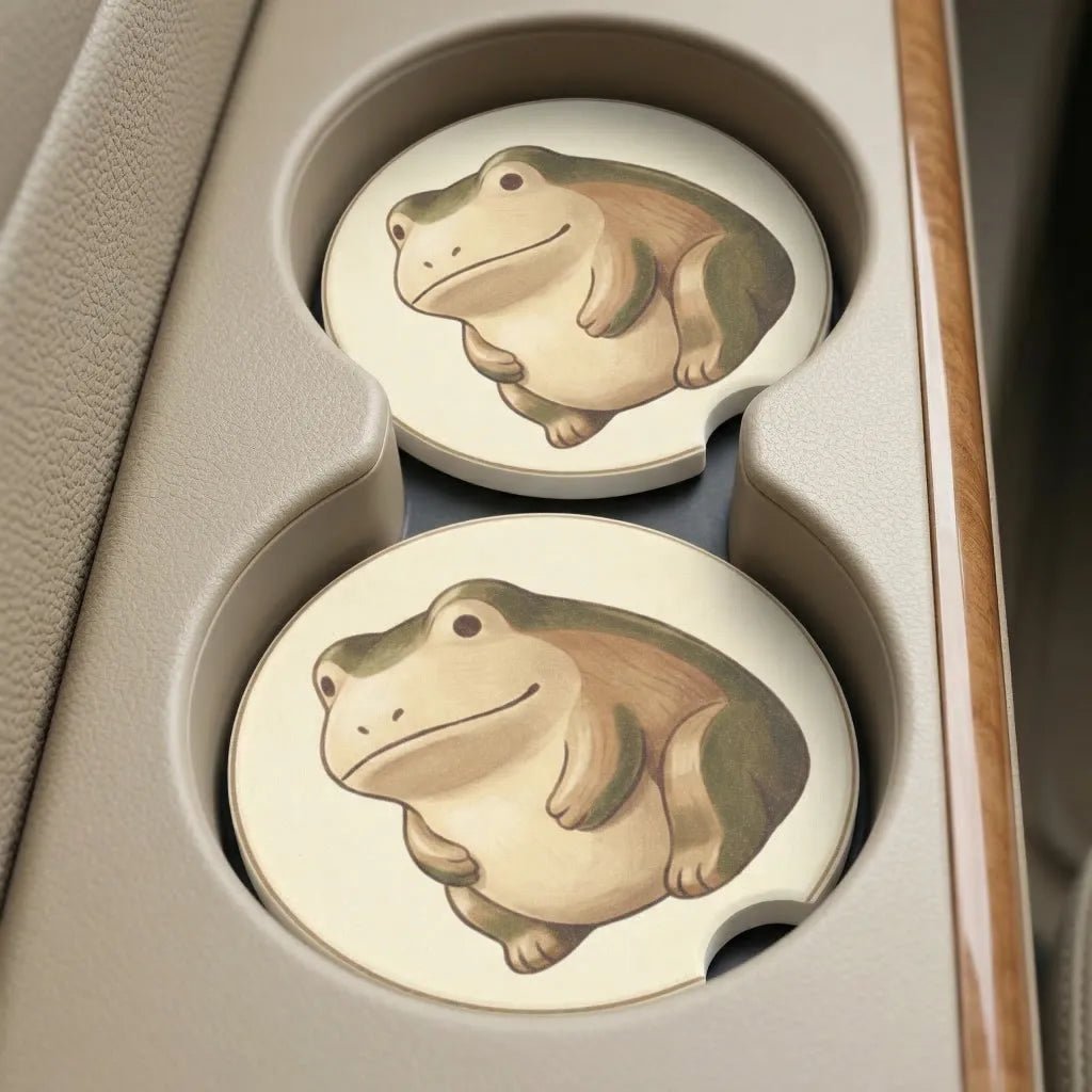 Chubby Frog Illustration Car Coasters Set - Road Muse