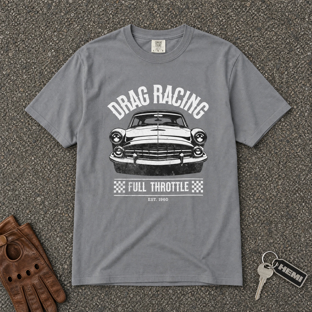 grey drag racing full throttle comfort colors tee — vintage muscle car checkered graphic shirt