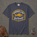 navy garage life mechanic tshirt — wrench fist est 1970 crest comfort colors garage tee