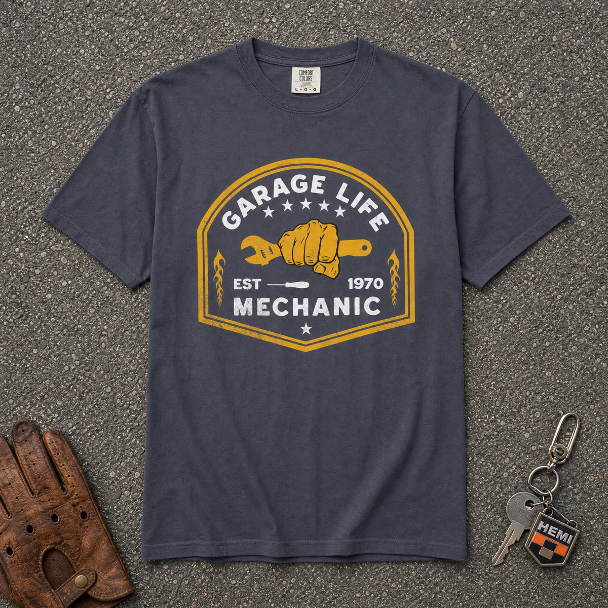 navy garage life mechanic tshirt — wrench fist est 1970 crest comfort colors garage tee