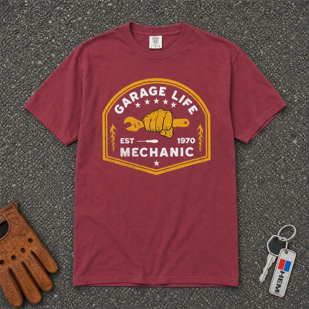 chili garage life mechanic graphic tee — wrench fist crest comfort colors vintage shirt