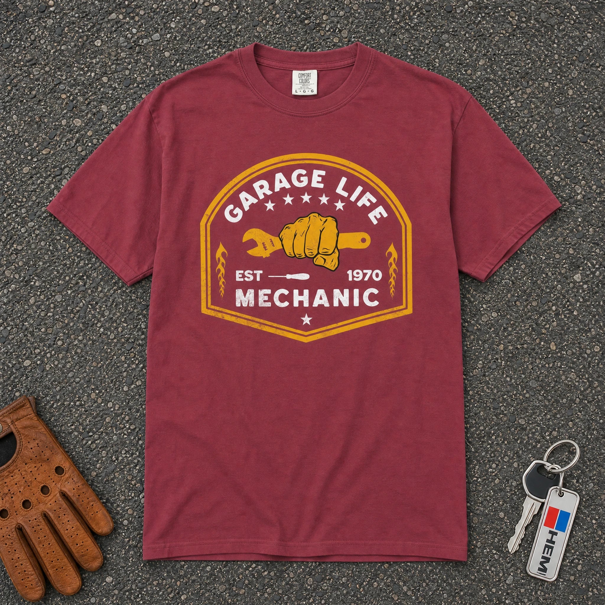 chili garage life mechanic graphic tee — wrench fist crest comfort colors vintage shirt