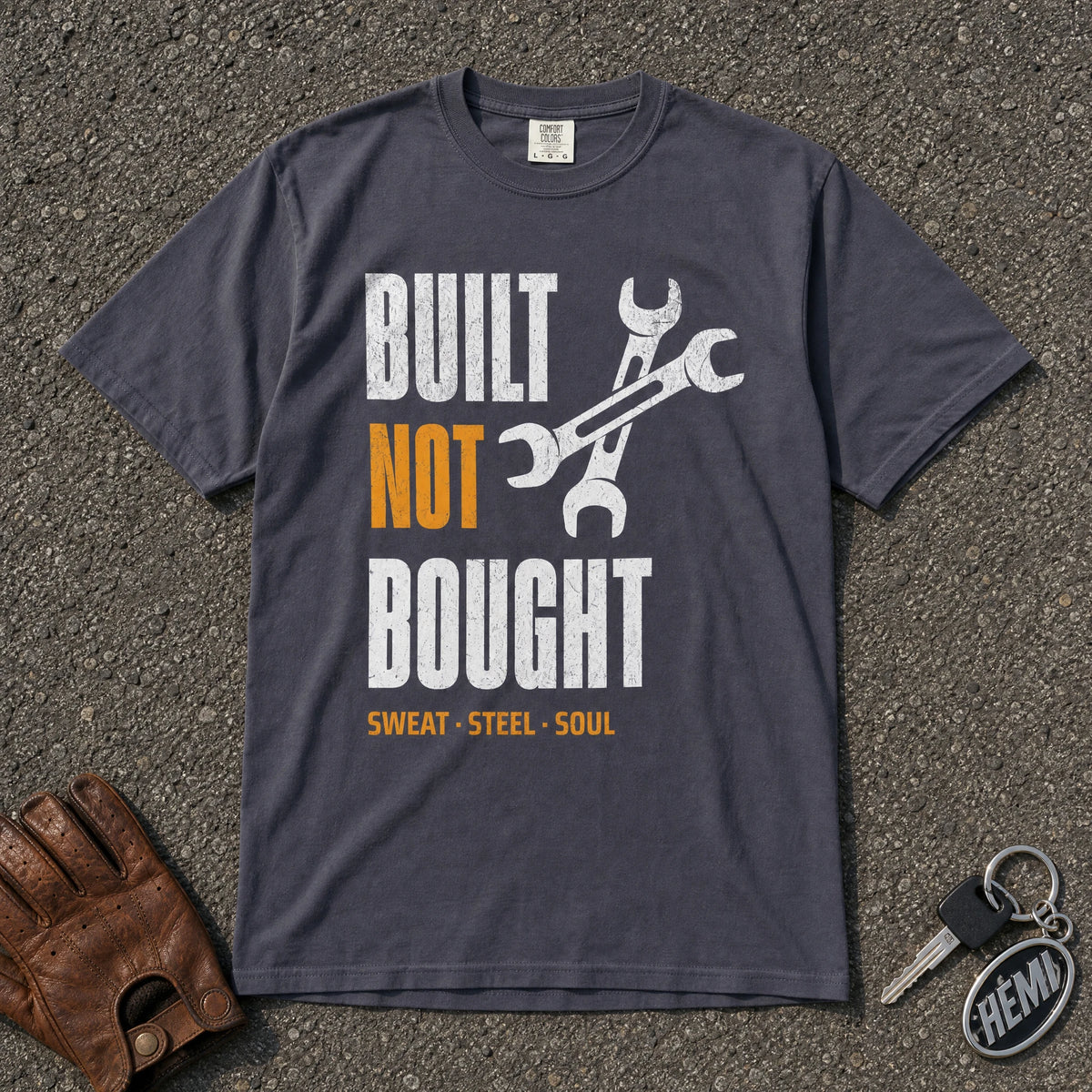 navy built not bought tshirt — crossed wrench sweat steel soul comfort colors garage tee