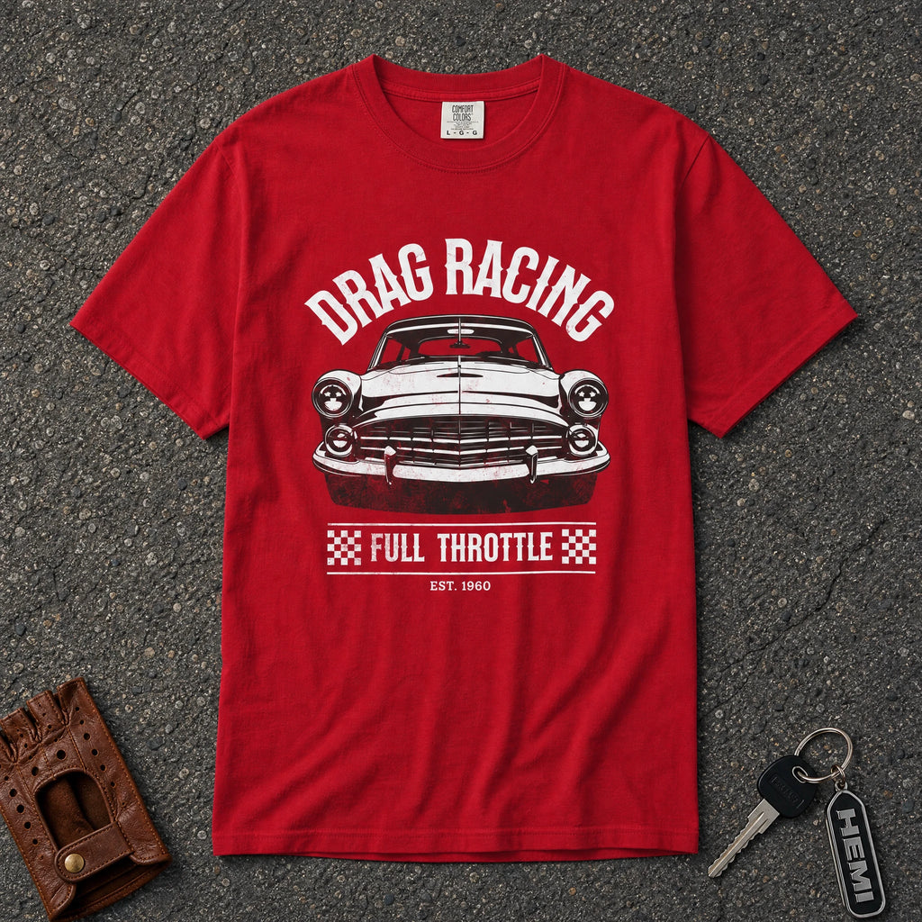 red drag racing full throttle graphic tee — vintage muscle car comfort colors shirt