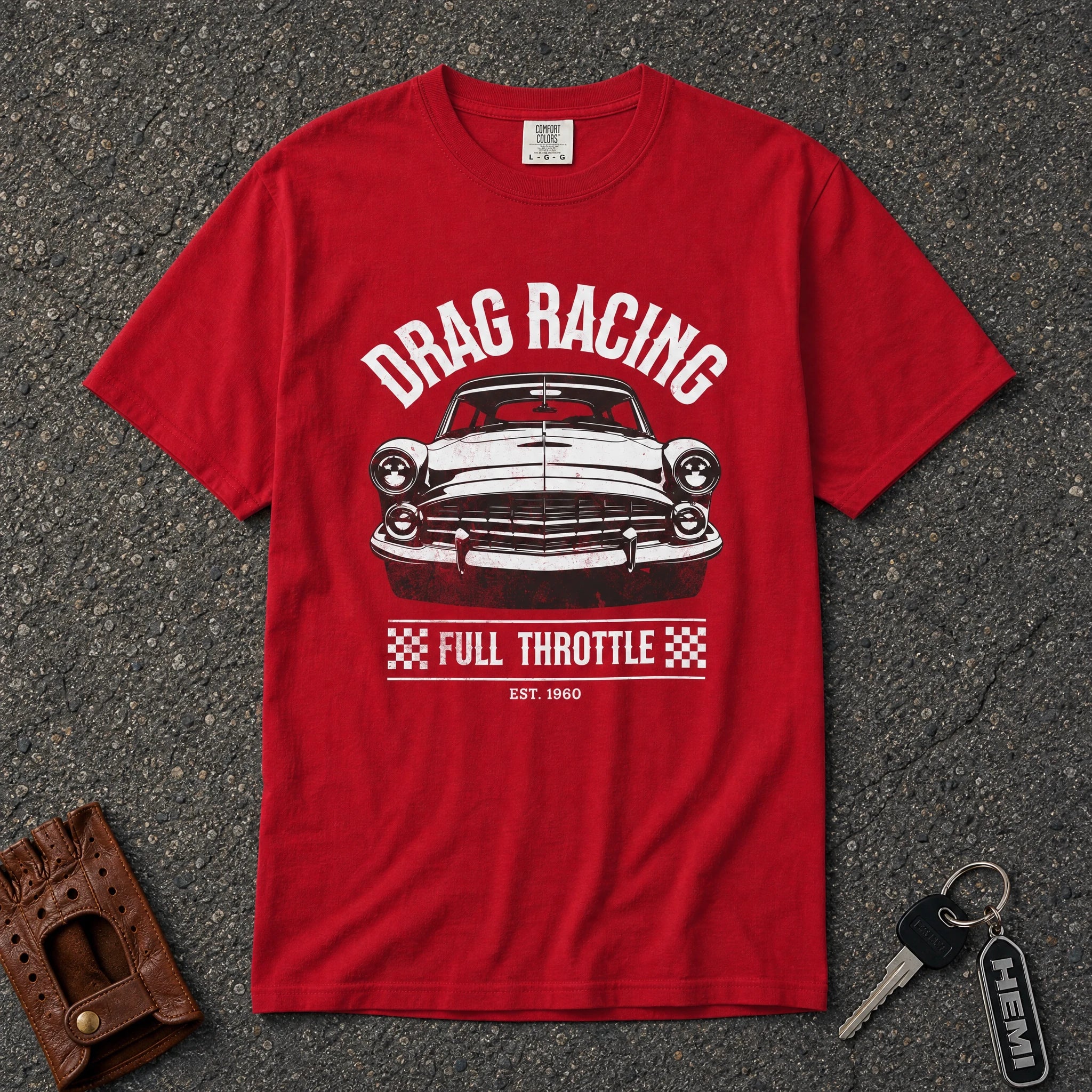 red drag racing full throttle graphic tee — vintage muscle car comfort colors shirt