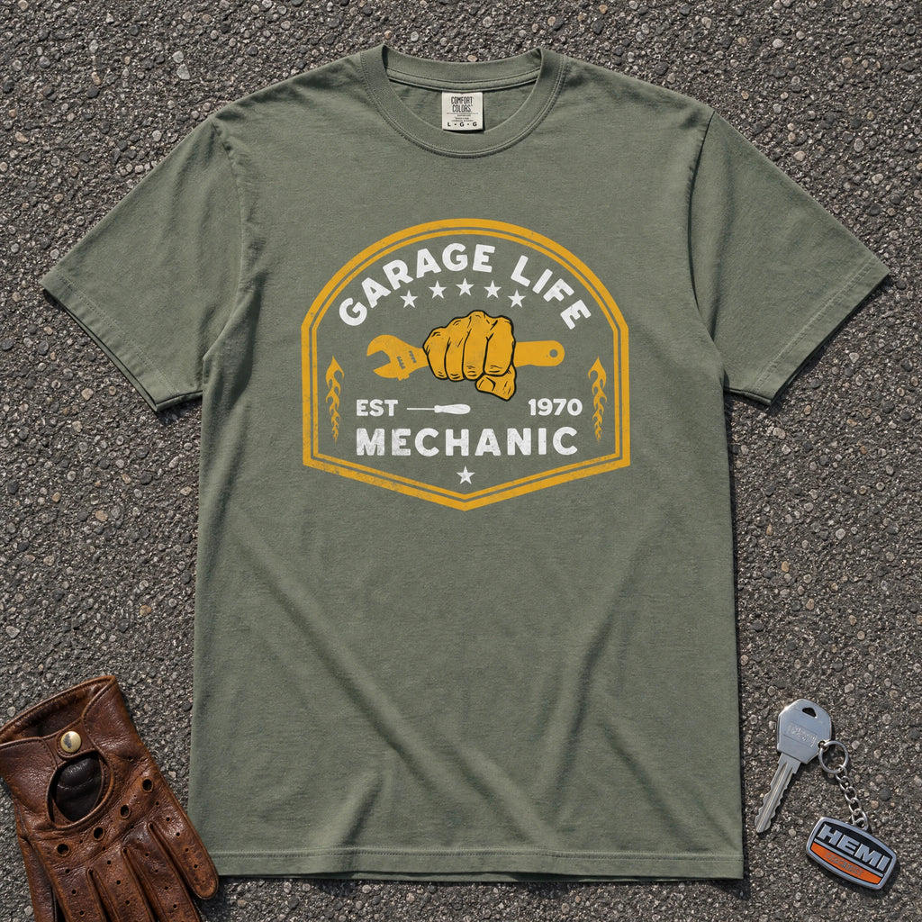 moss garage life mechanic comfort colors shirt — wrench fist graphic crest vintage tee