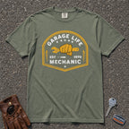moss garage life mechanic comfort colors shirt — wrench fist graphic crest vintage tee