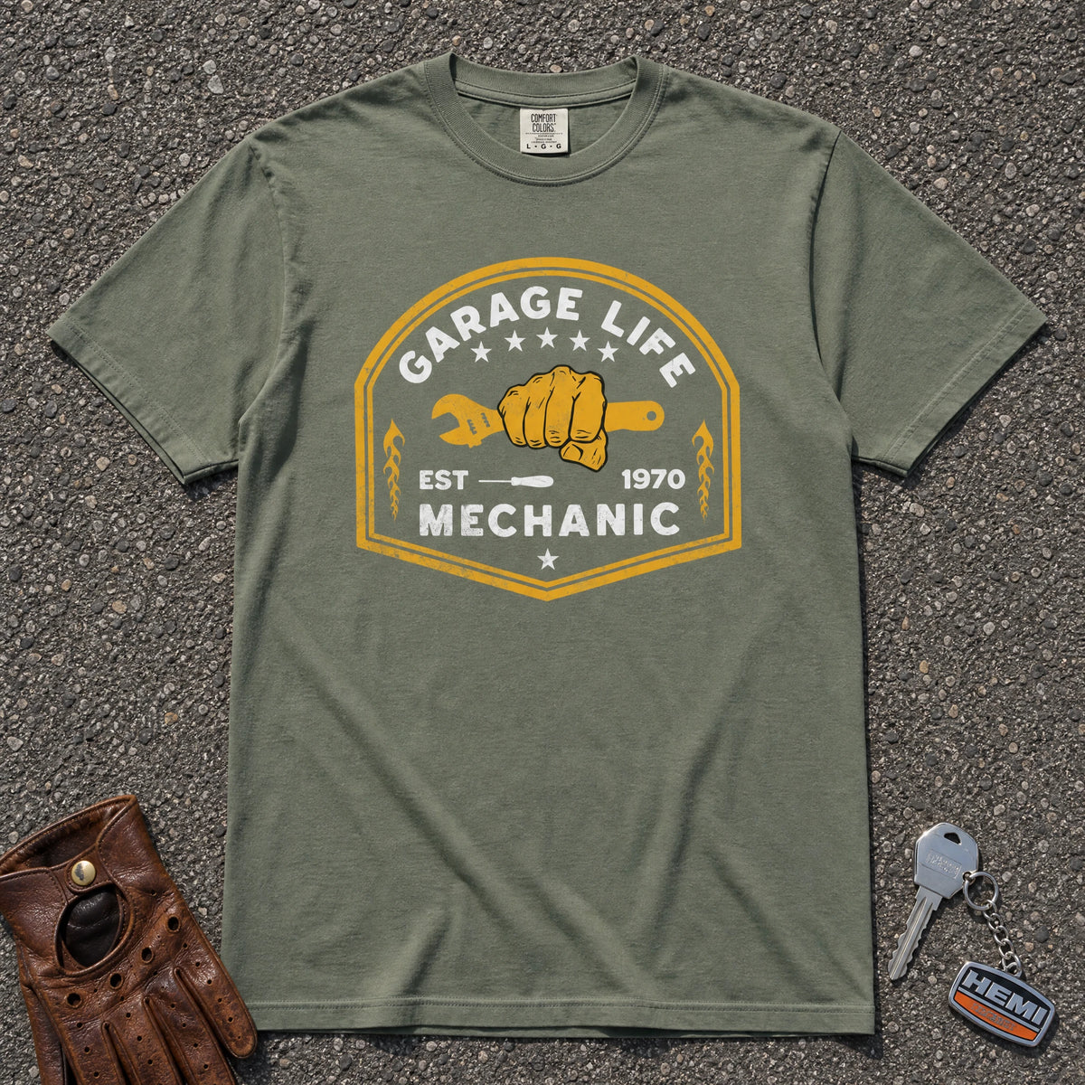 moss garage life mechanic comfort colors shirt — wrench fist graphic crest vintage tee