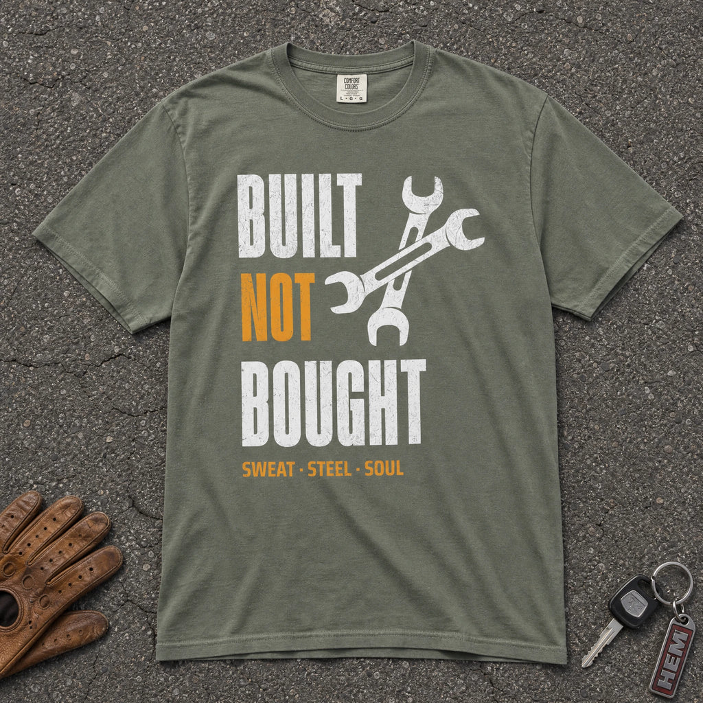 moss built not bought comfort colors tee — vintage crossed wrench mechanic graphic shirt