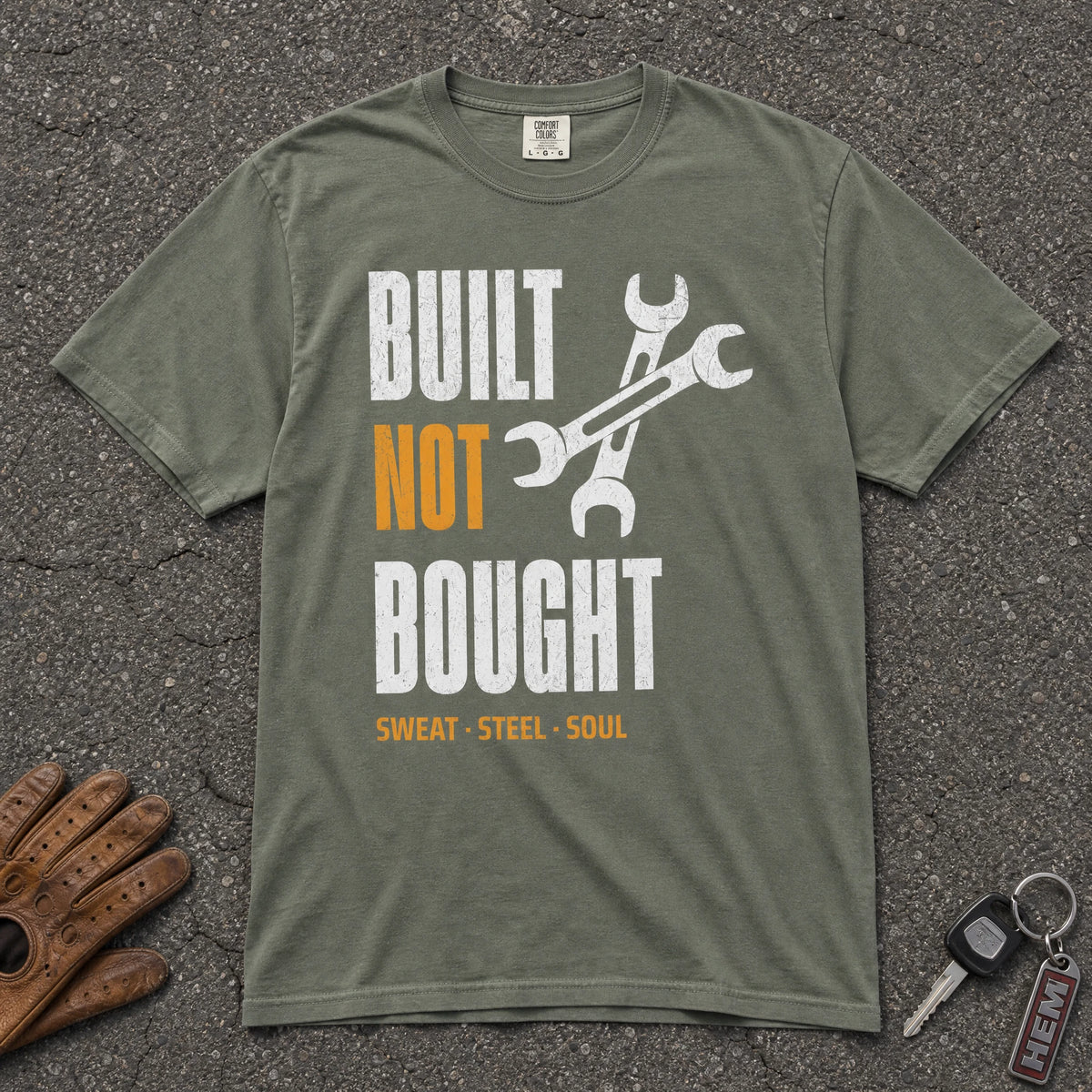 moss built not bought comfort colors tee — vintage crossed wrench mechanic graphic shirt