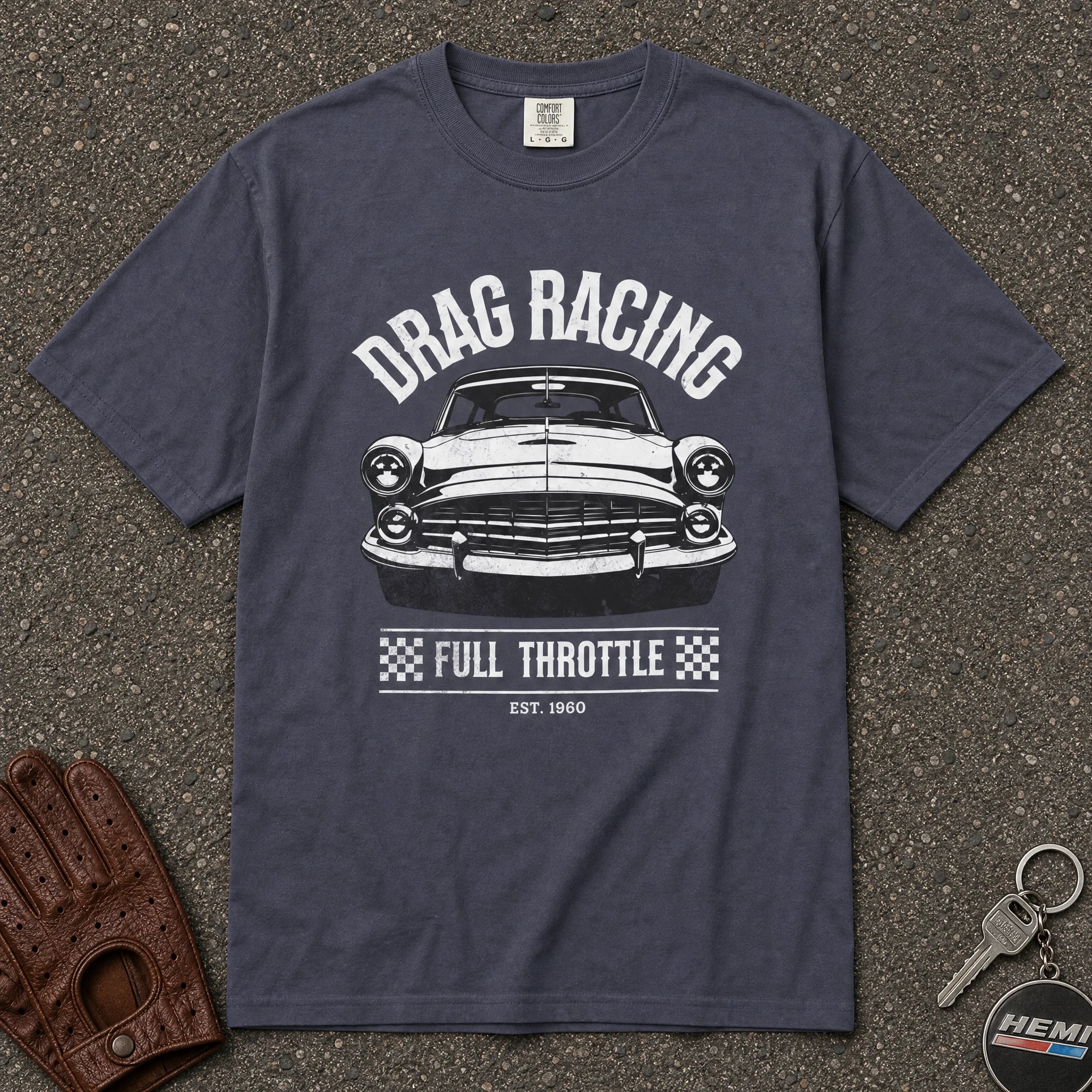 navy drag racing full throttle muscle car tshirt — vintage checkered comfort colors tee